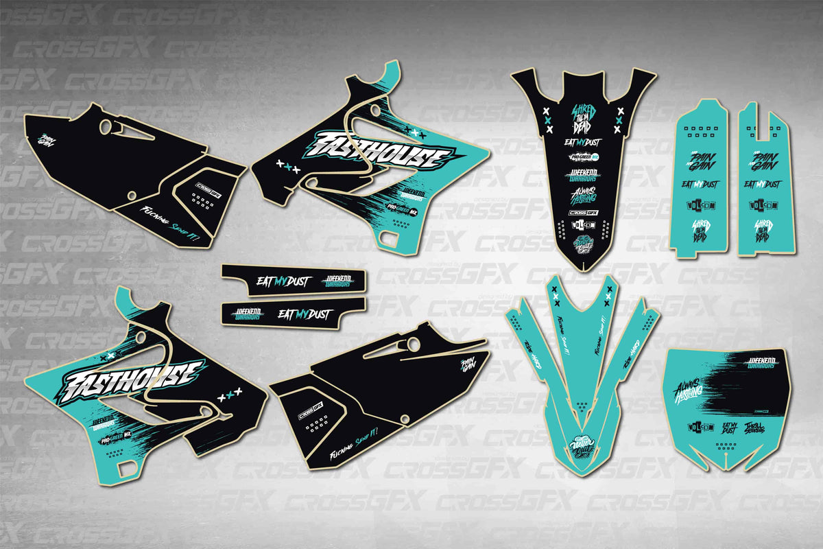 Graphics for Yamaha YZ 250 Polisport 2002-2004 - Savage Teal - flat layout showing all decal pieces included