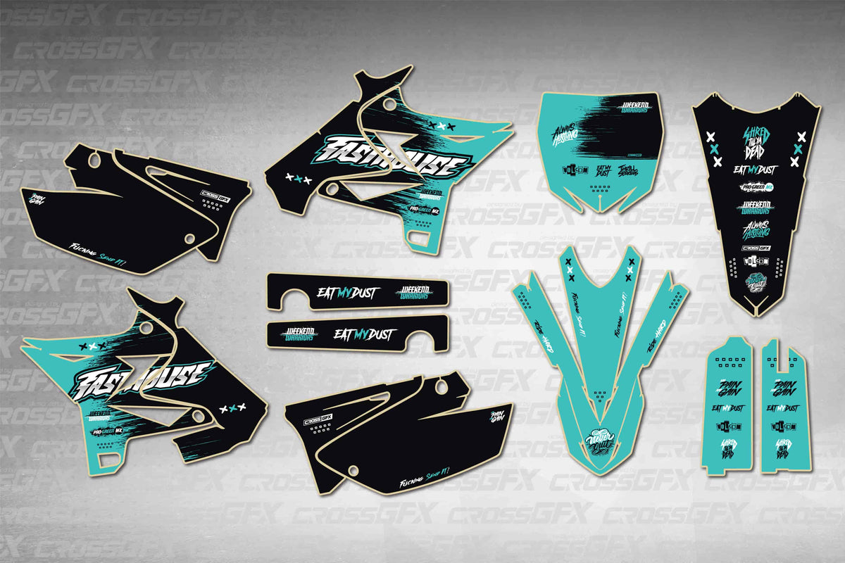 Graphics for Yamaha YZ 250 UFO 2002-2004 - Savage Teal - flat layout showing all decal pieces included