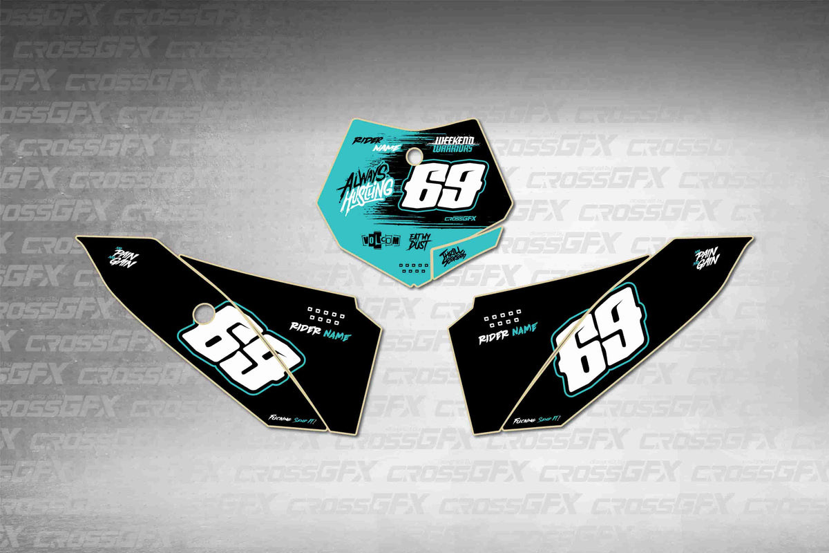Graphics for KTM 50 SX 2009-2015 - Savage Teal number plate decals - flat layout showing all pieces included