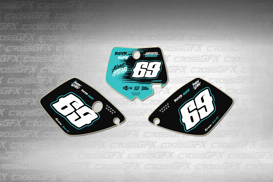 Graphics for KTM 65 SX 2002-2008 - Savage Teal number plate decals - flat layout showing all pieces included