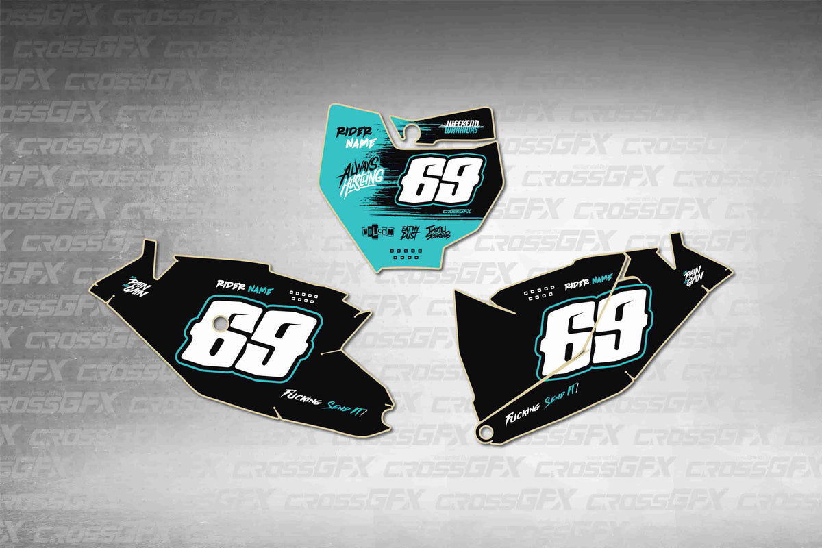 Graphics for KTM 85 SX 2018-2024 - Savage Teal number plate decals - flat layout showing all pieces included
