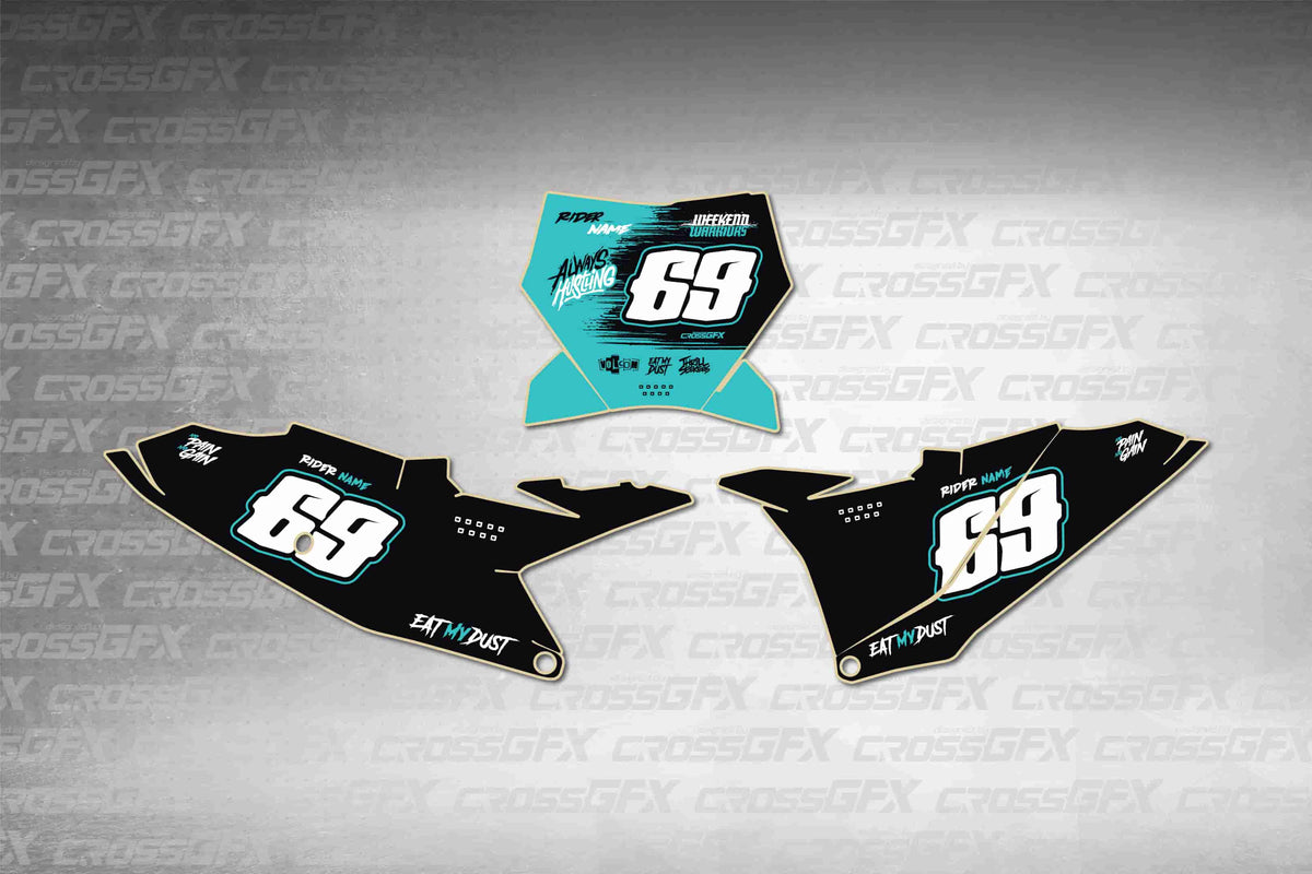 Graphics for KTM 85 SX 2025-2026 - Savage Teal number plate decals - flat layout showing all pieces included