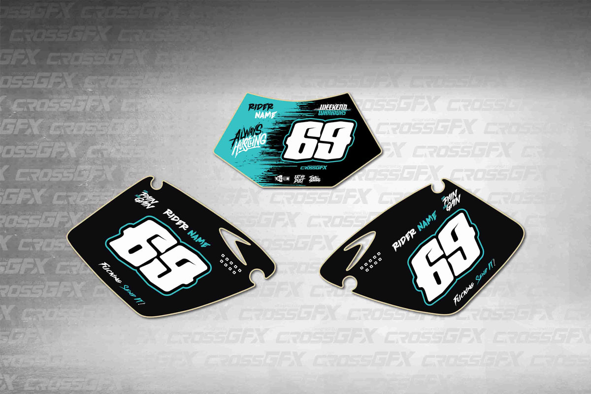 Graphics for KTM EXC 2001-2002 - Savage Teal number plate decals - flat layout showing all pieces included