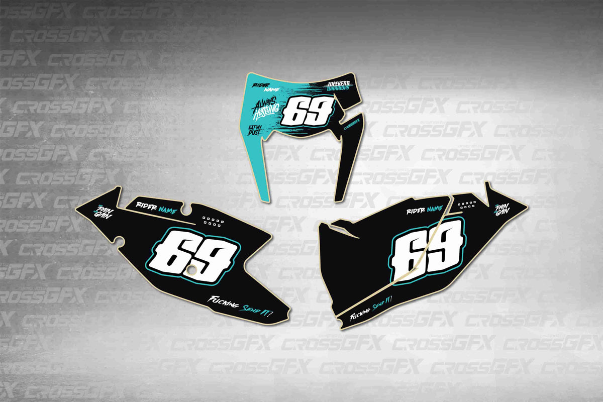 Graphics for KTM EXC 2017-2019 - Savage Teal number plate decals - flat layout showing all pieces included