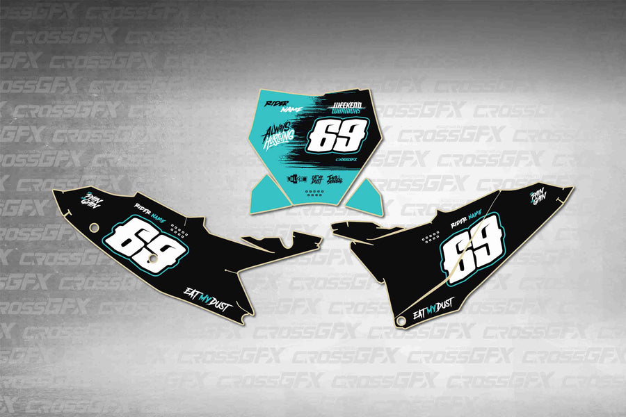 Graphics for KTM XC-F 2025-2026 - Savage Teal number plate decals - flat layout showing all pieces included