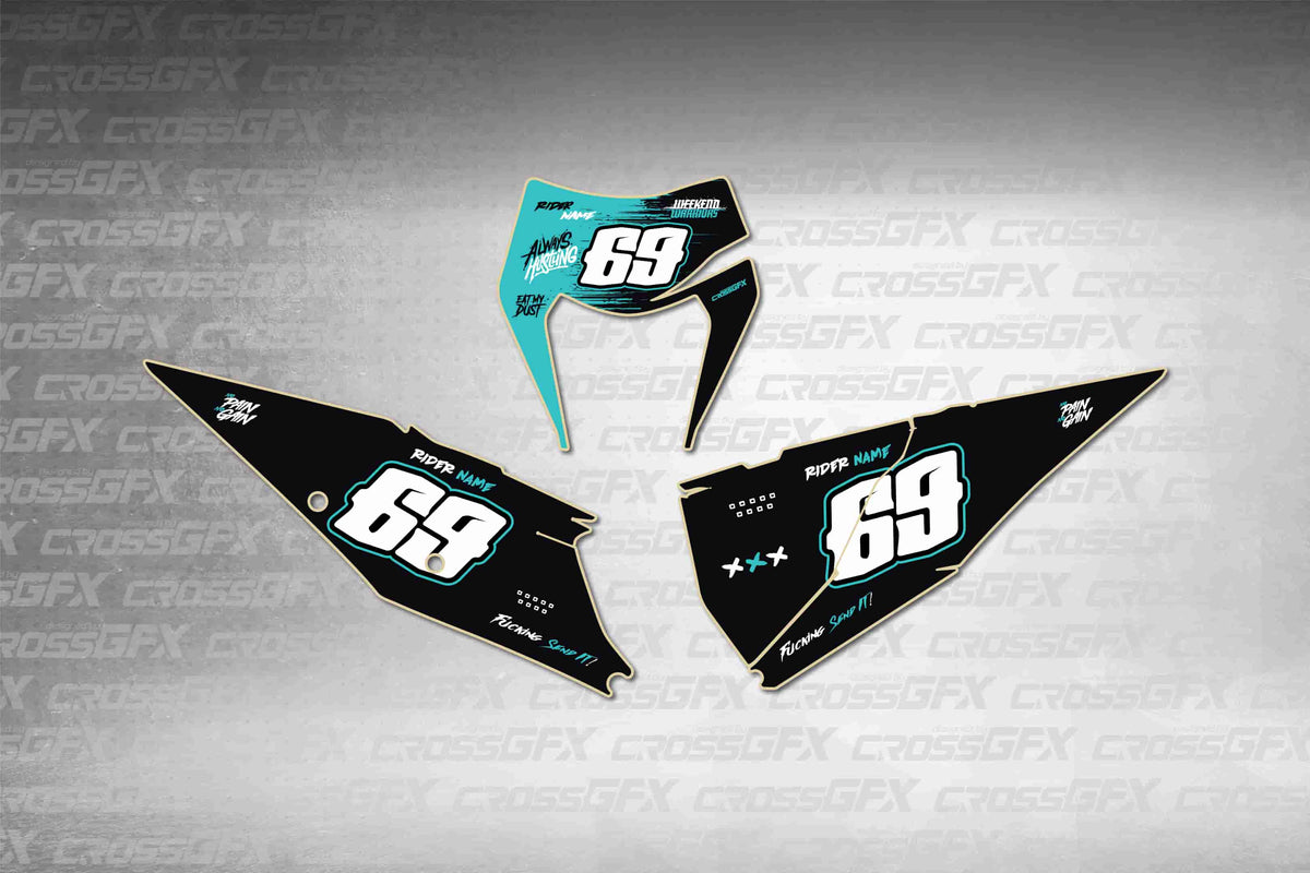 Graphics for KTM XCF-W 2020-2023 - Savage Teal number plate decals - flat layout showing all pieces included