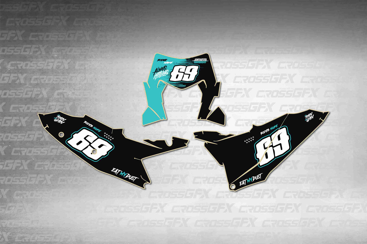 Graphics for KTM XC-W 2024-2025 - Savage Teal number plate decals - flat layout showing all pieces included