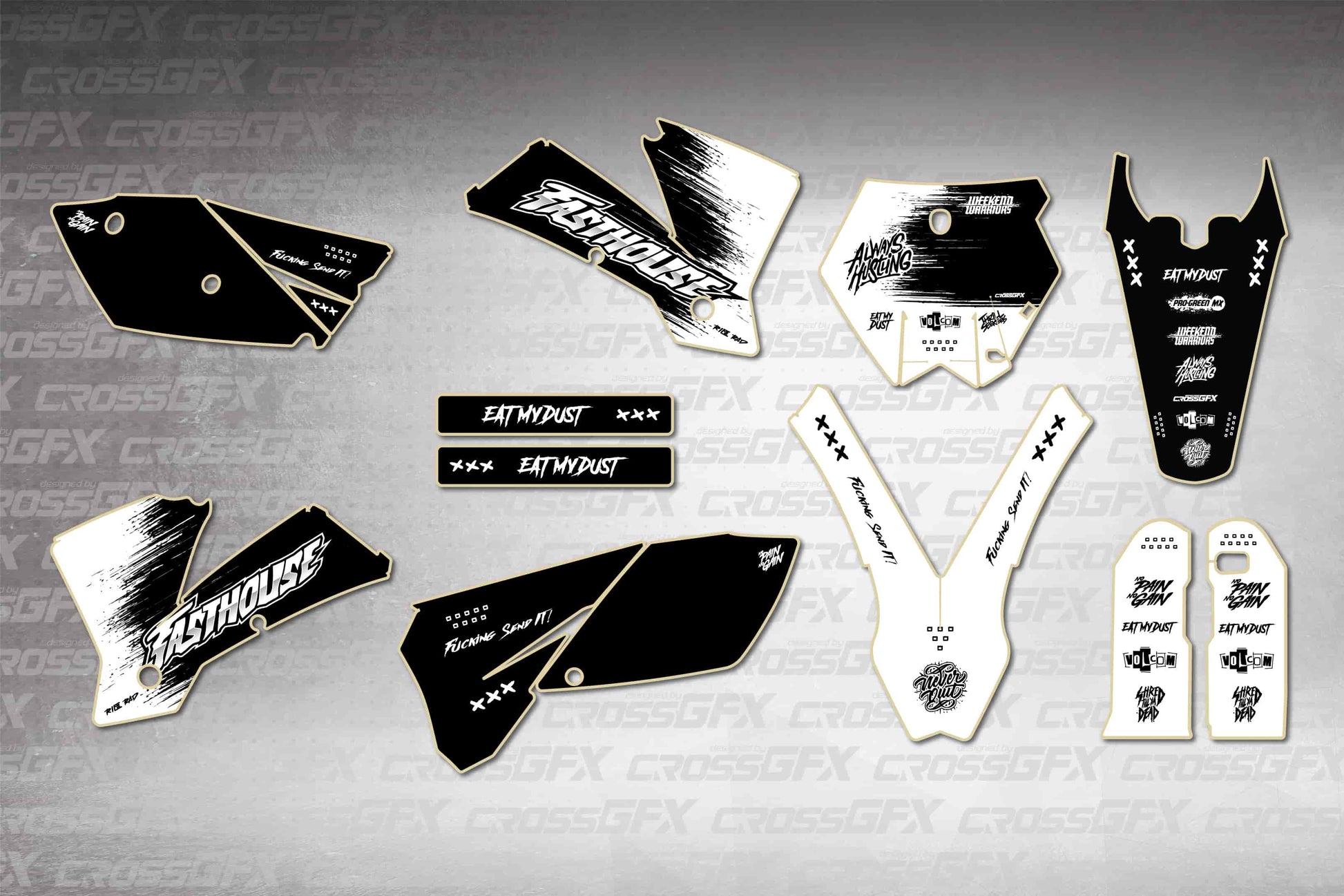 Savage White graphics kit for KTM SX 2003-2004, flat layout showing all pieces