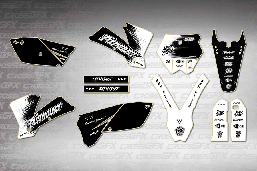Savage White graphics kit for KTM SX 2003-2004, flat layout showing all pieces
