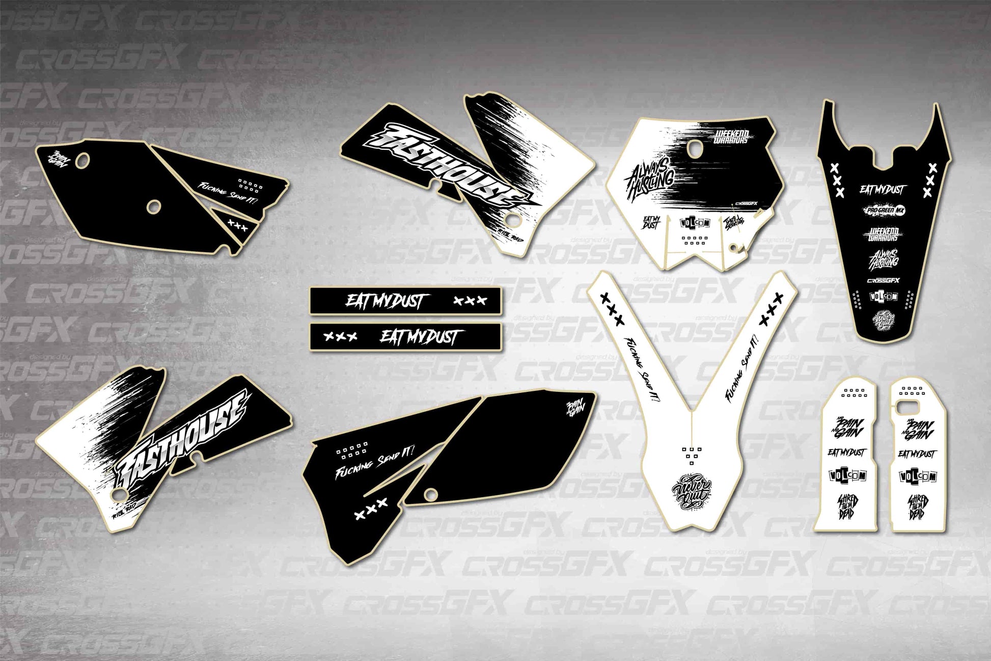 KTM SX 2005-2006 Savage White graphics kit - flat layout showing all decal pieces included