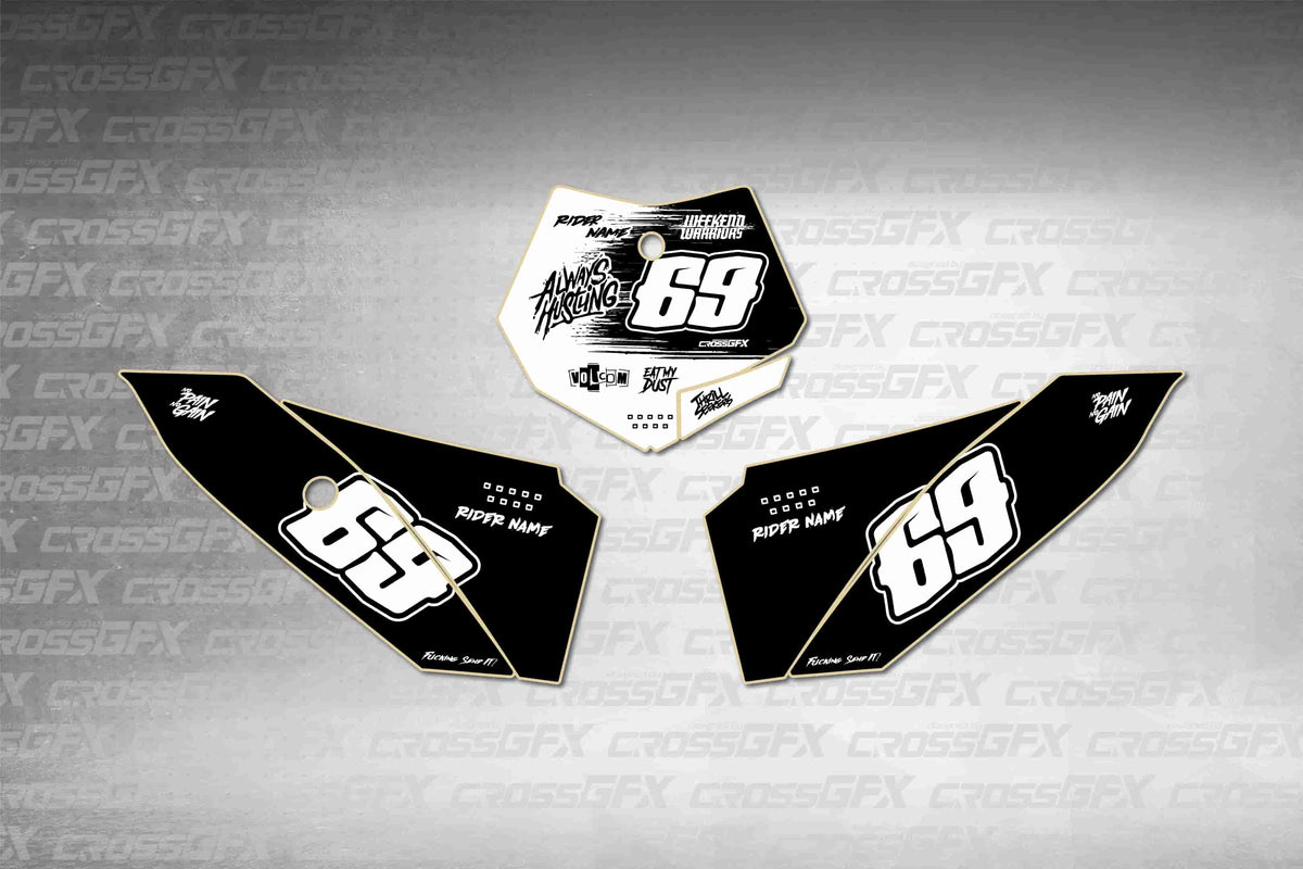 Graphics for KTM 50 SX 2009-2015 - Savage White number plate decals - flat layout showing all pieces included