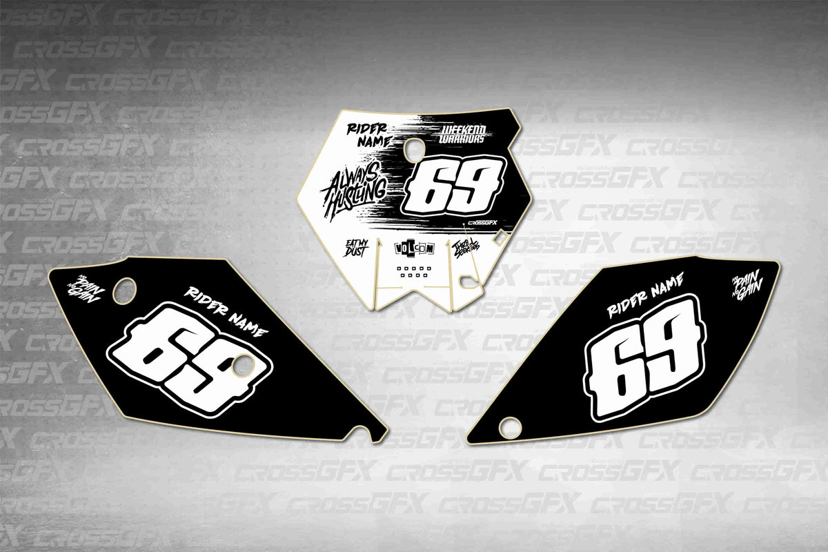 Graphics for KTM XC-W 2006-2007 - Savage White number plate decals - flat layout showing all pieces included