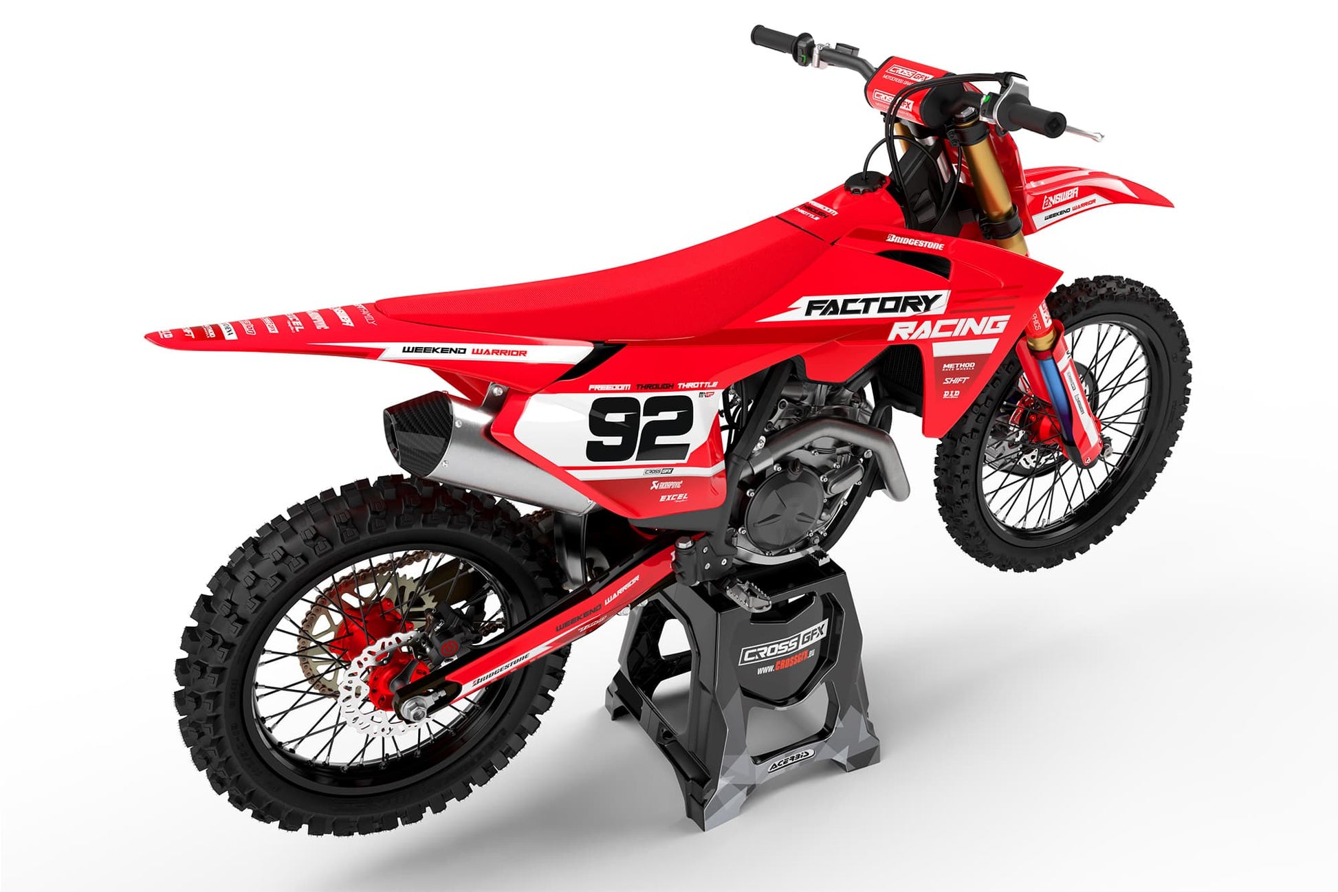 Rear fender and side panel view of the Factory Red custom decal set on a GasGas motorcycle.