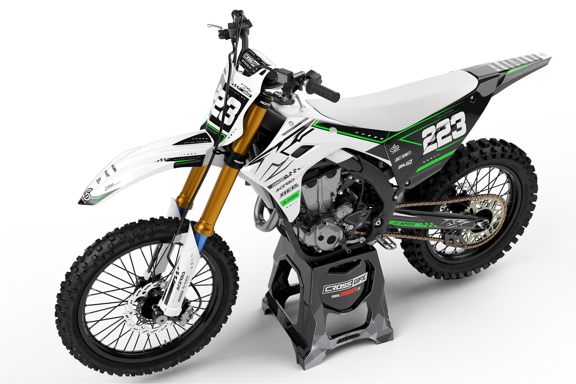 Left side profile of the Flux White racing stickers on a Kawasaki dirt bike.