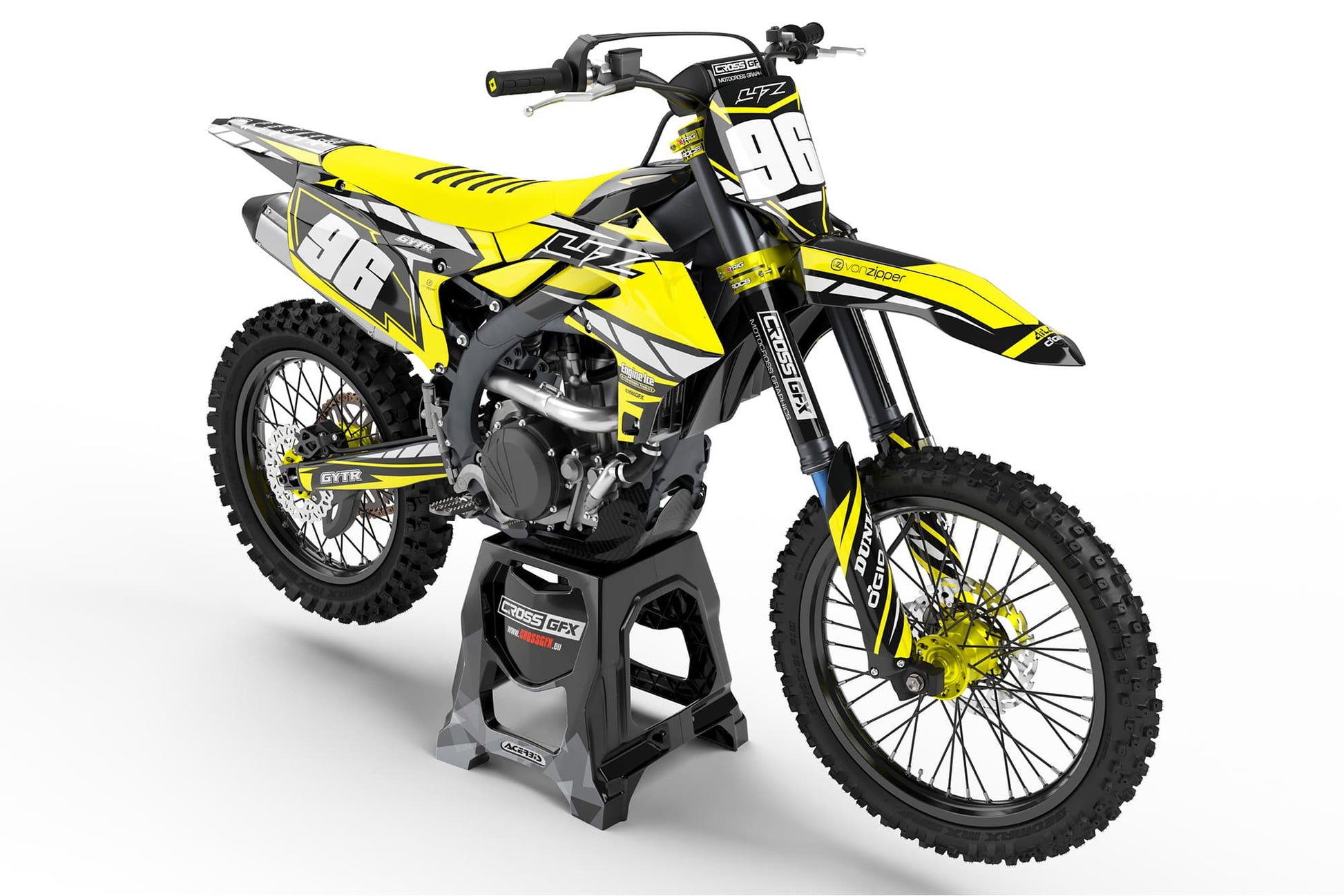 Front view of the Proline Yellow motocross graphics kit on a Yamaha dirt bike.