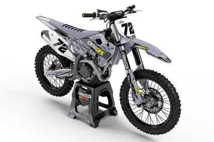 Front view of the Element Grey graphics kit on a Husqvarna motocross bike.