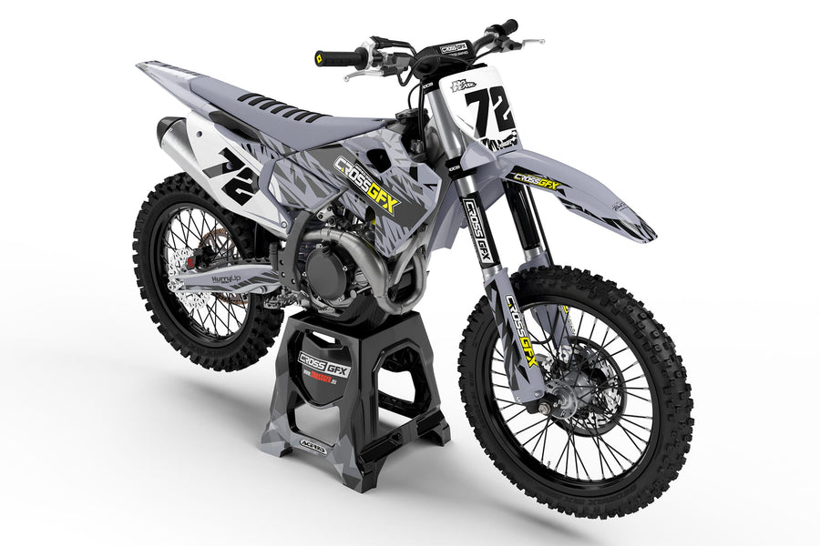 Front view of the Element Grey graphics kit on a Husqvarna motocross bike.