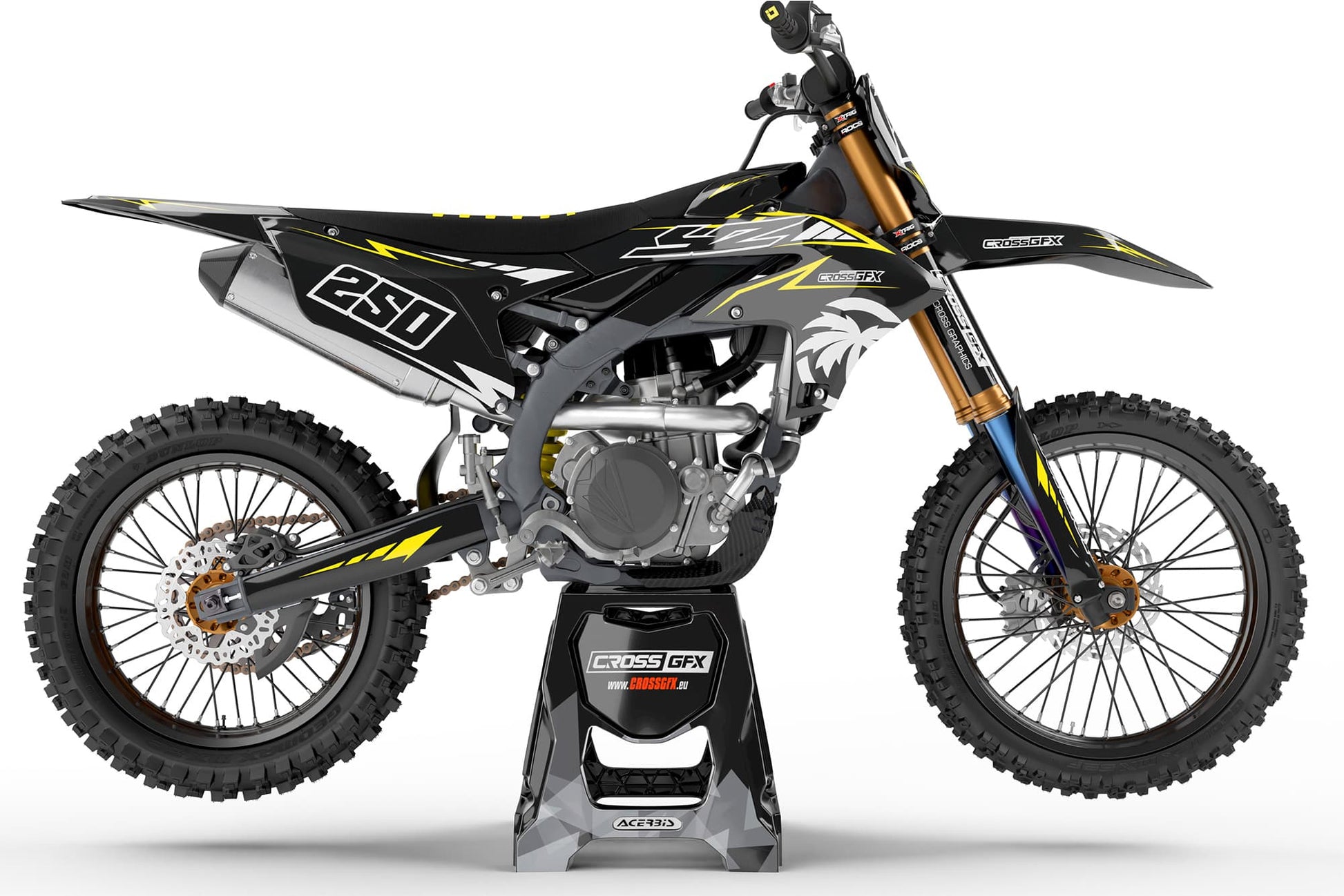 Right side view of the Stroke Black off-road decal kit on a Yamaha.
