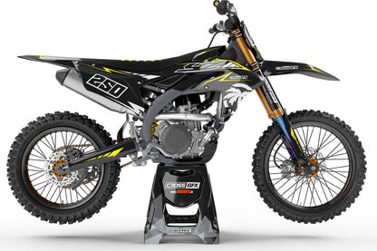 Right side view of the Stroke Black off-road decal kit on a Yamaha.