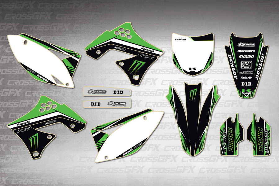 Graphics for Kawasaki KX 250F 2009-2012 - Shift Green - flat layout showing all decal pieces included