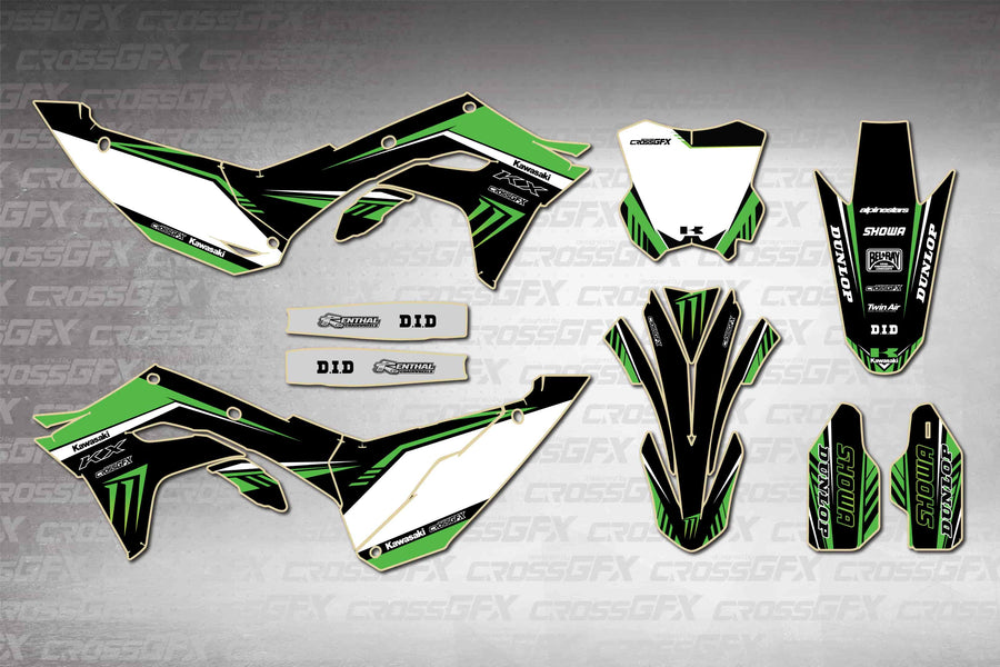 Graphics for Kawasaki KX 250X 2025-2026 - Shift Green - flat layout showing all decal pieces included