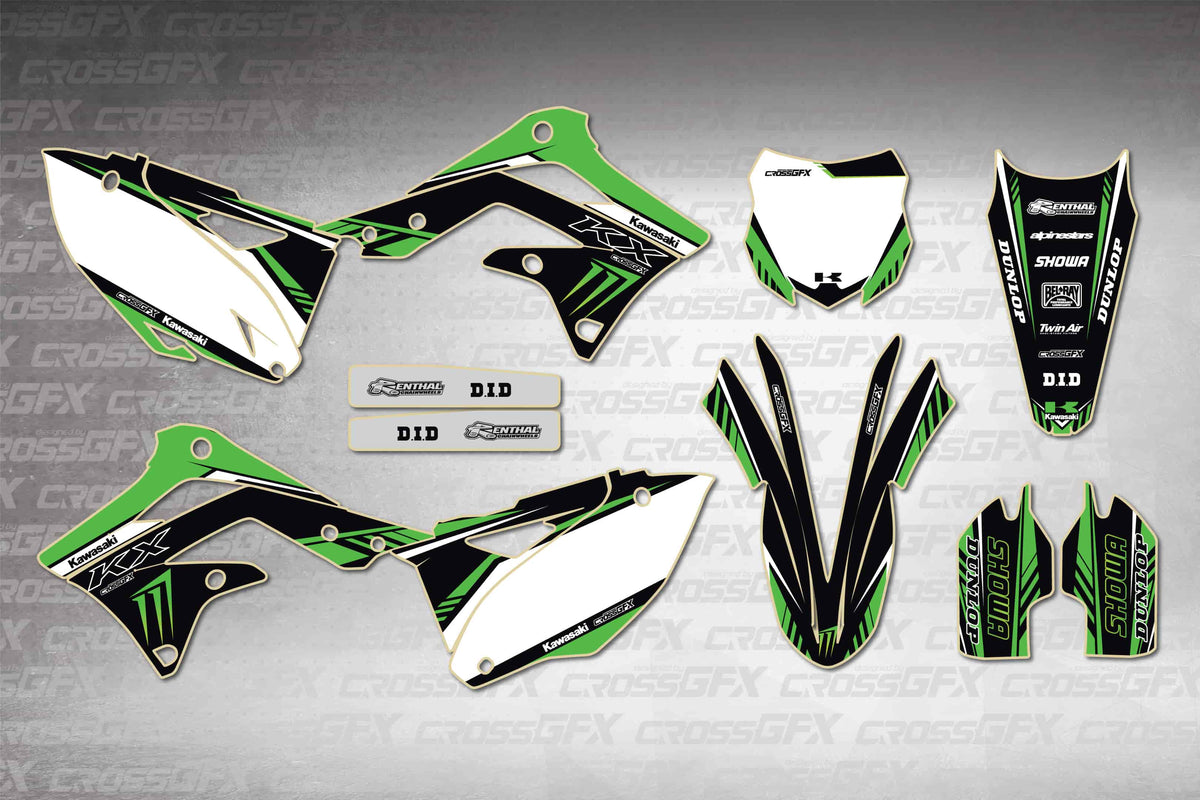 Graphics for Kawasaki KX 450F 2013-2015 - Shift Green - flat layout showing all decal pieces included
