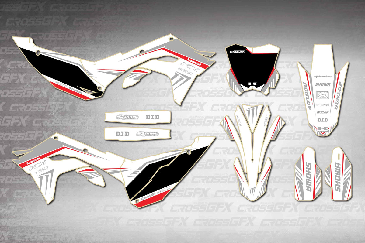 Graphics for Kawasaki KX 250 2025-2026 - Shift White - flat layout showing all decal pieces included