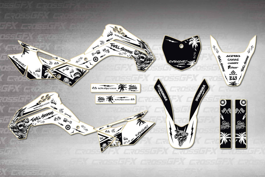 Graphics for Kawasaki KLX 140 2008-2018 - Skull White - flat layout showing all decal pieces included