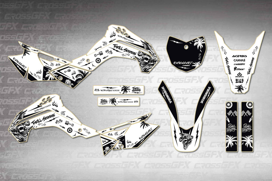 Graphics for Kawasaki KLX 140G 2017-2018 - Skull White - flat layout showing all decal pieces included
