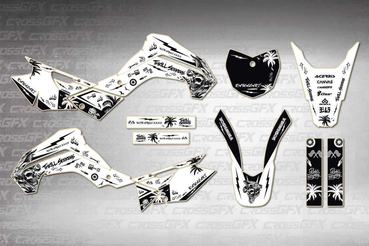Graphics for Kawasaki KLX 140RF 2021-2025 - Skull White - flat layout showing all decal pieces included