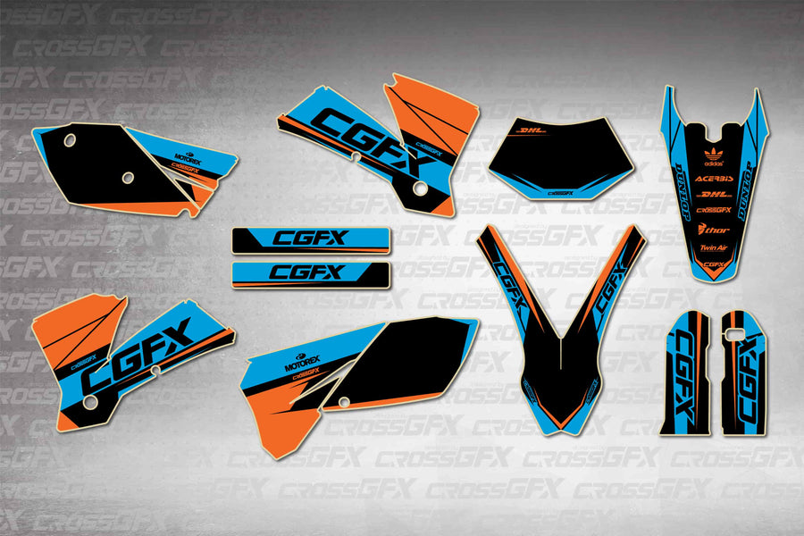 Graphics for KTM EXC 2004 - Sprint Blue - flat layout showing all decal pieces included