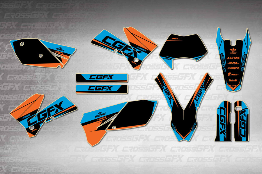 Graphics for KTM EXC-F 2006-2007 - Sprint Blue - flat layout showing all decal pieces included