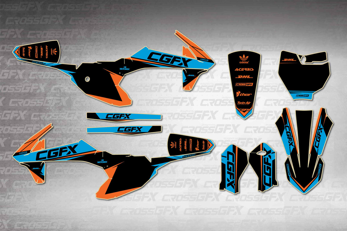 KTM SX-E 5 2020-2024 Sprint Blue graphics kit - flat layout showing all decal pieces included
