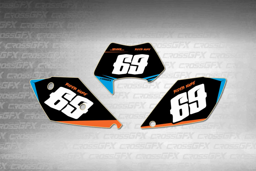 Graphics for KTM EXC 2005-2007 - Sprint Blue number plate decals - flat layout showing all pieces included