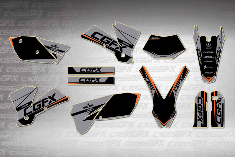 Graphics for KTM EXC 2004 - Sprint Grey - flat layout showing all decal pieces included