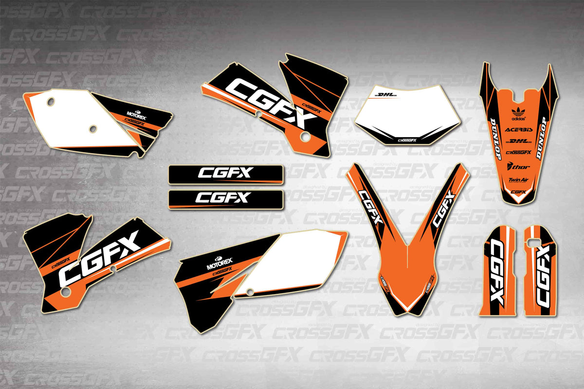 Graphics for KTM EXC 2004 - Sprint Orange - flat layout showing all decal pieces included