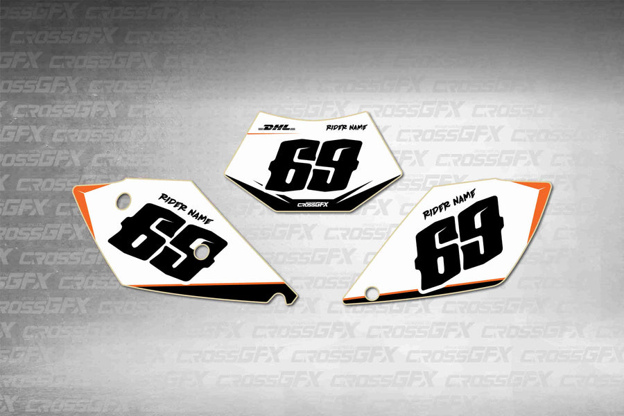 Graphics for KTM EXC 2004 - Sprint Orange number plate decals - flat layout showing all pieces included