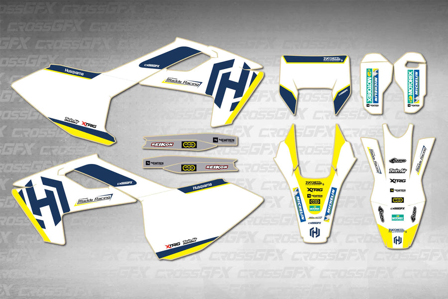 Husqvarna TE 2017-2019 Stock White graphics kit - flat layout showing all decal pieces included