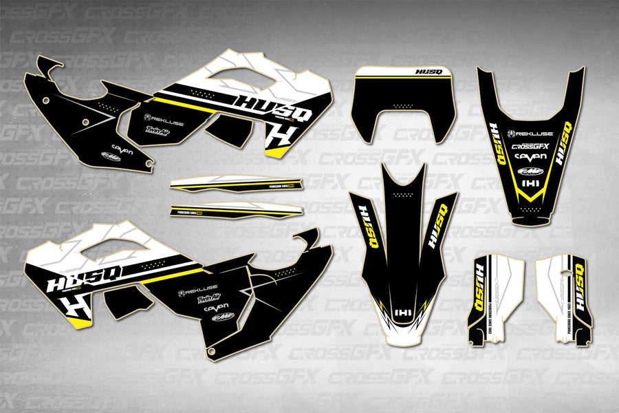 Husqvarna FE 2024-2025 Strike White graphics kit - flat layout showing all decal pieces included