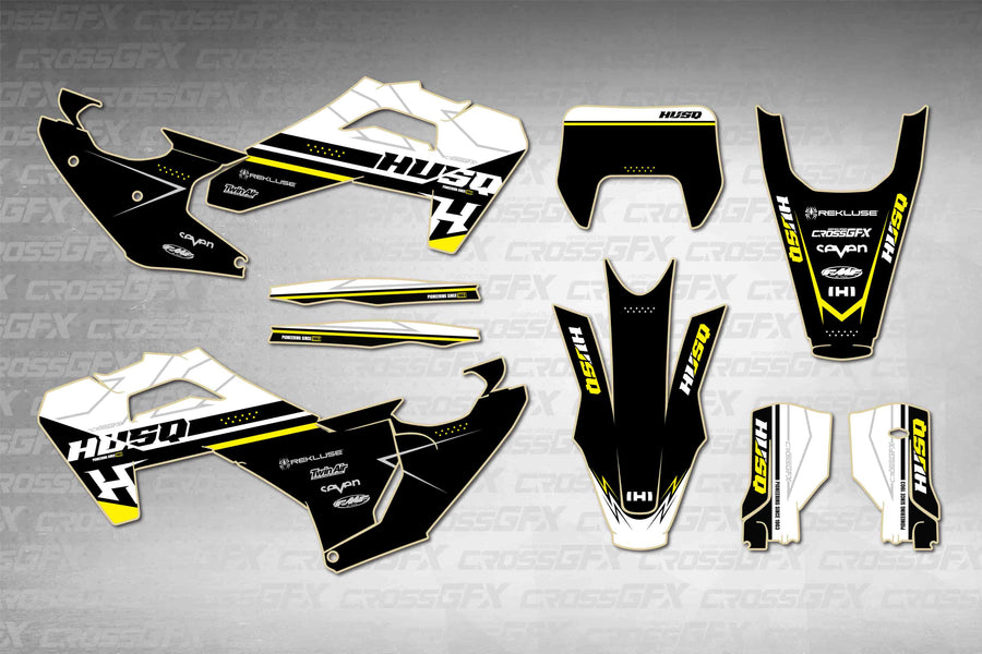 Husqvarna FE 2025-2026 Heritage Strike White graphics kit - flat layout showing all decal pieces included