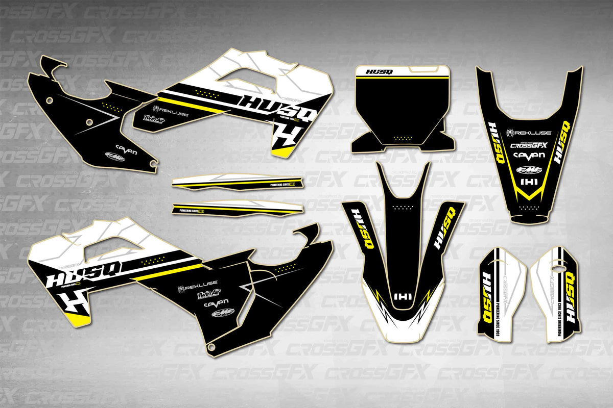 Husqvarna FS 450 2025-2026 Strike White graphics kit - flat layout showing all decal pieces included