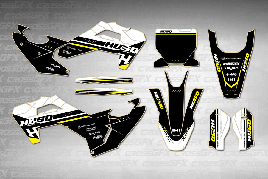 Husqvarna FS 450 2025-2026 Strike White graphics kit - flat layout showing all decal pieces included