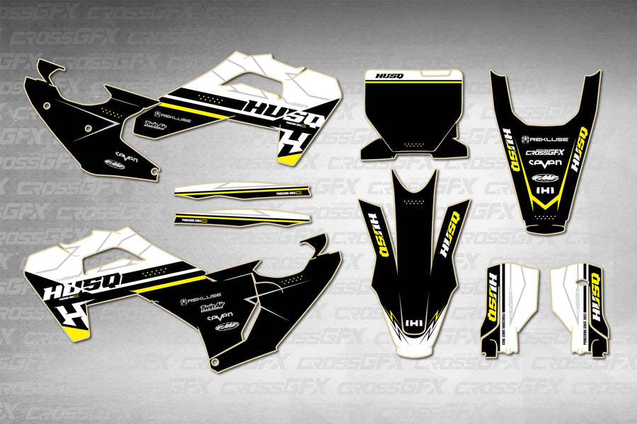 Husqvarna FX 2025-2026 Strike White graphics kit - flat layout showing all decal pieces included