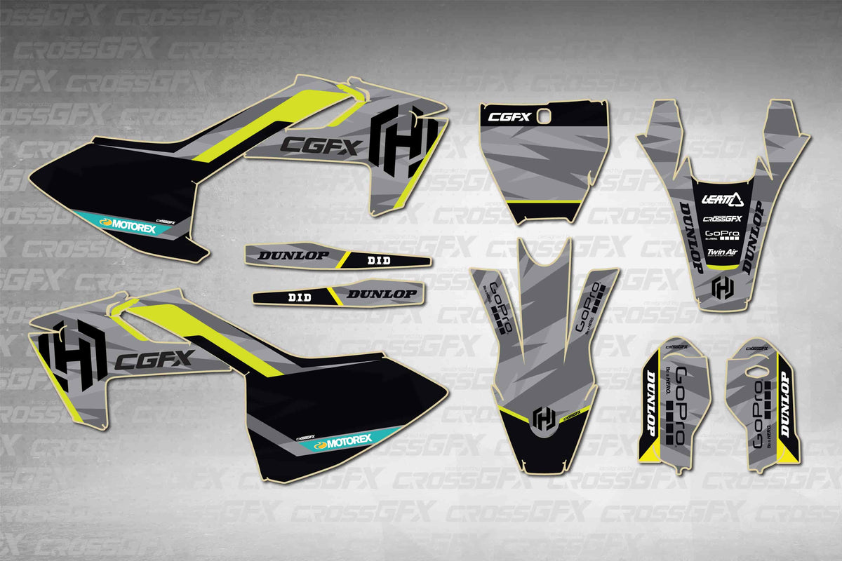 Husqvarna TC 85 2018-2024 Strip Grey graphics kit - flat layout showing all decal pieces included