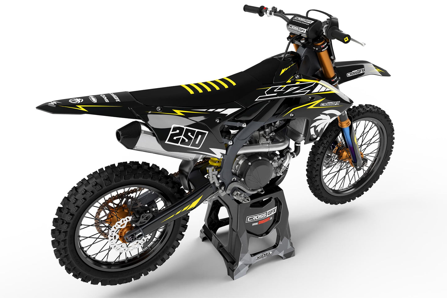 Rear view of the Stroke Black custom decal kit on a Yamaha motorcycle.