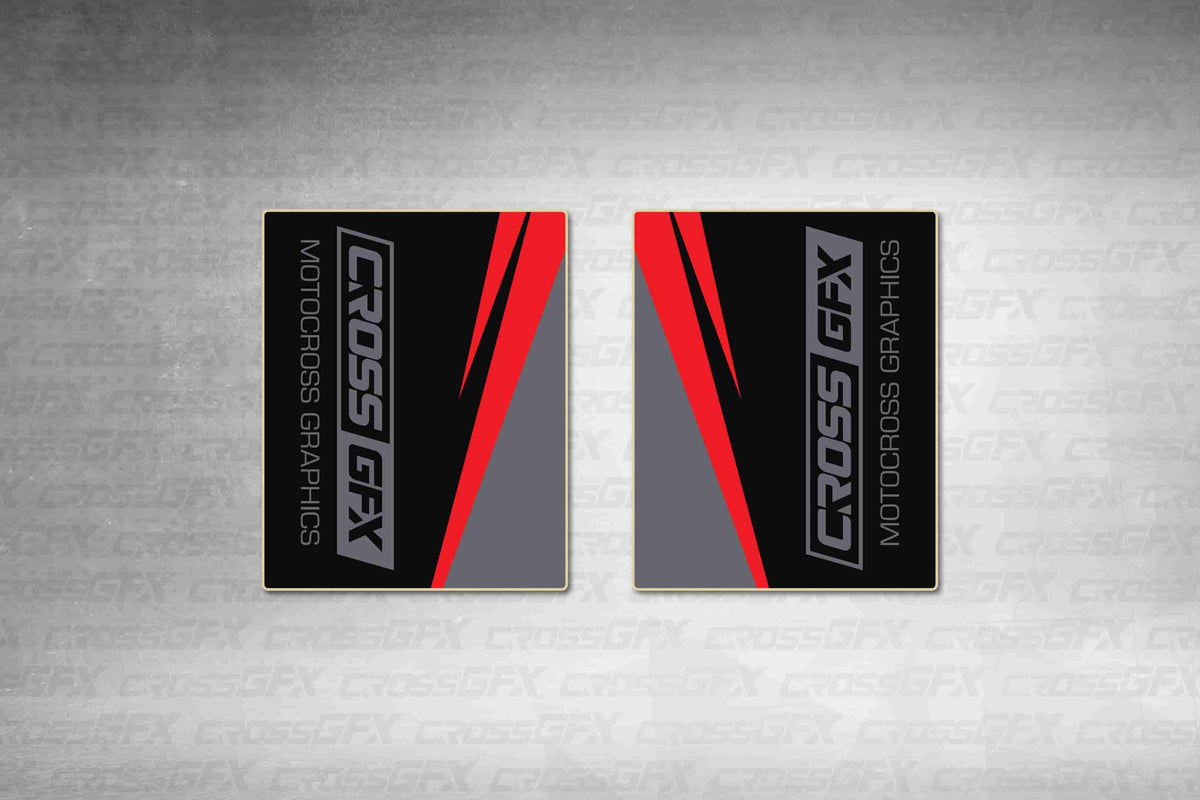 Surge Grey fork wraps, black wraps with grey and red stripes and a grey CrossGFX logo, flat layout