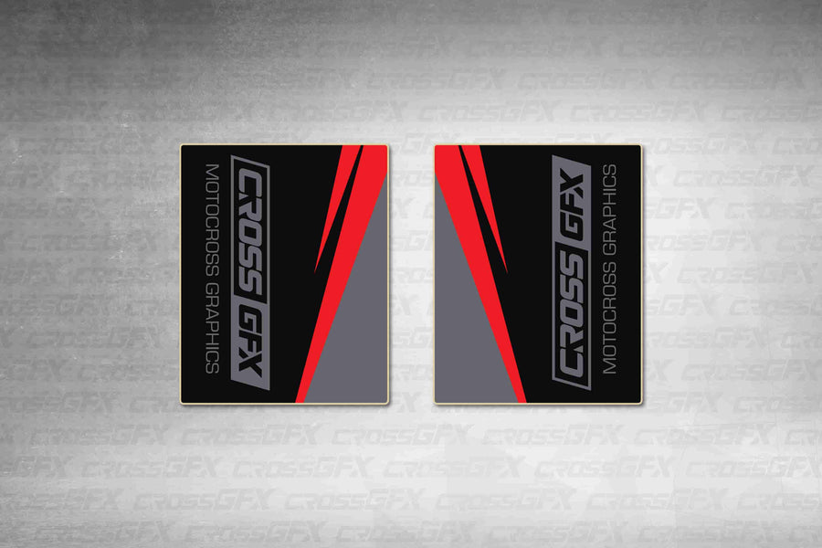 Surge Grey fork wraps, black wraps with grey and red stripes and a grey CrossGFX logo, flat layout