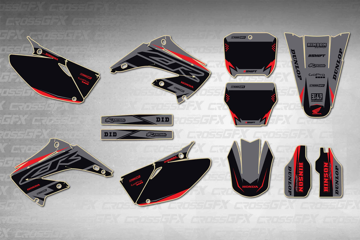 Graphics for Honda CR 125R 2002-2007 - Surge Grey - flat layout showing all decal pieces included