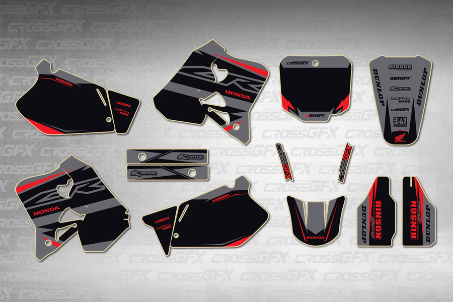 Graphics for Honda CR 250R 1995-1996 - Surge Grey - flat layout showing all decal pieces included