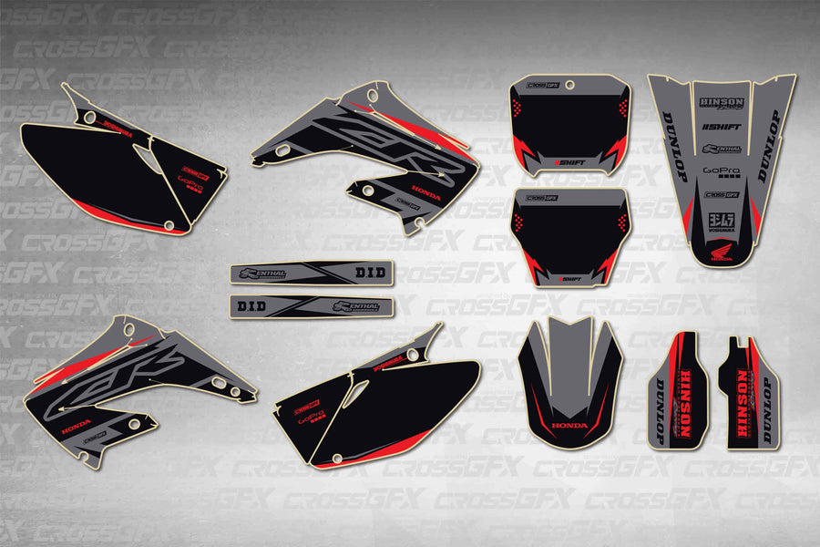 Graphics for Honda CR 250R 2002-2007 - Surge Grey - flat layout showing all decal pieces included
